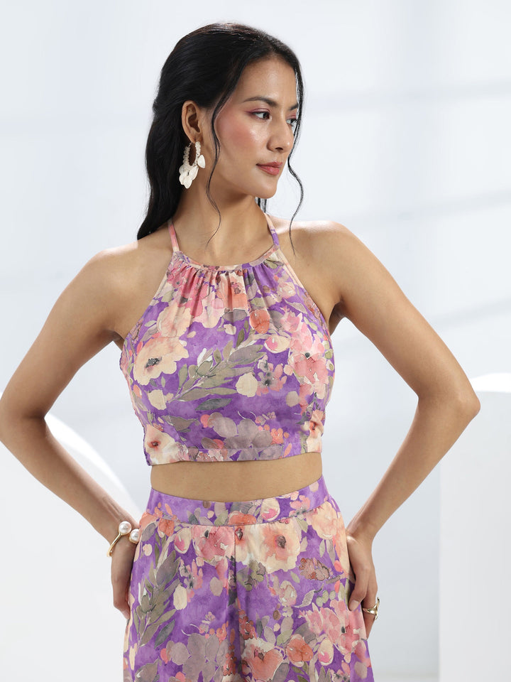 Purple Floral Printed Cotton Blend Co-Ord Set
