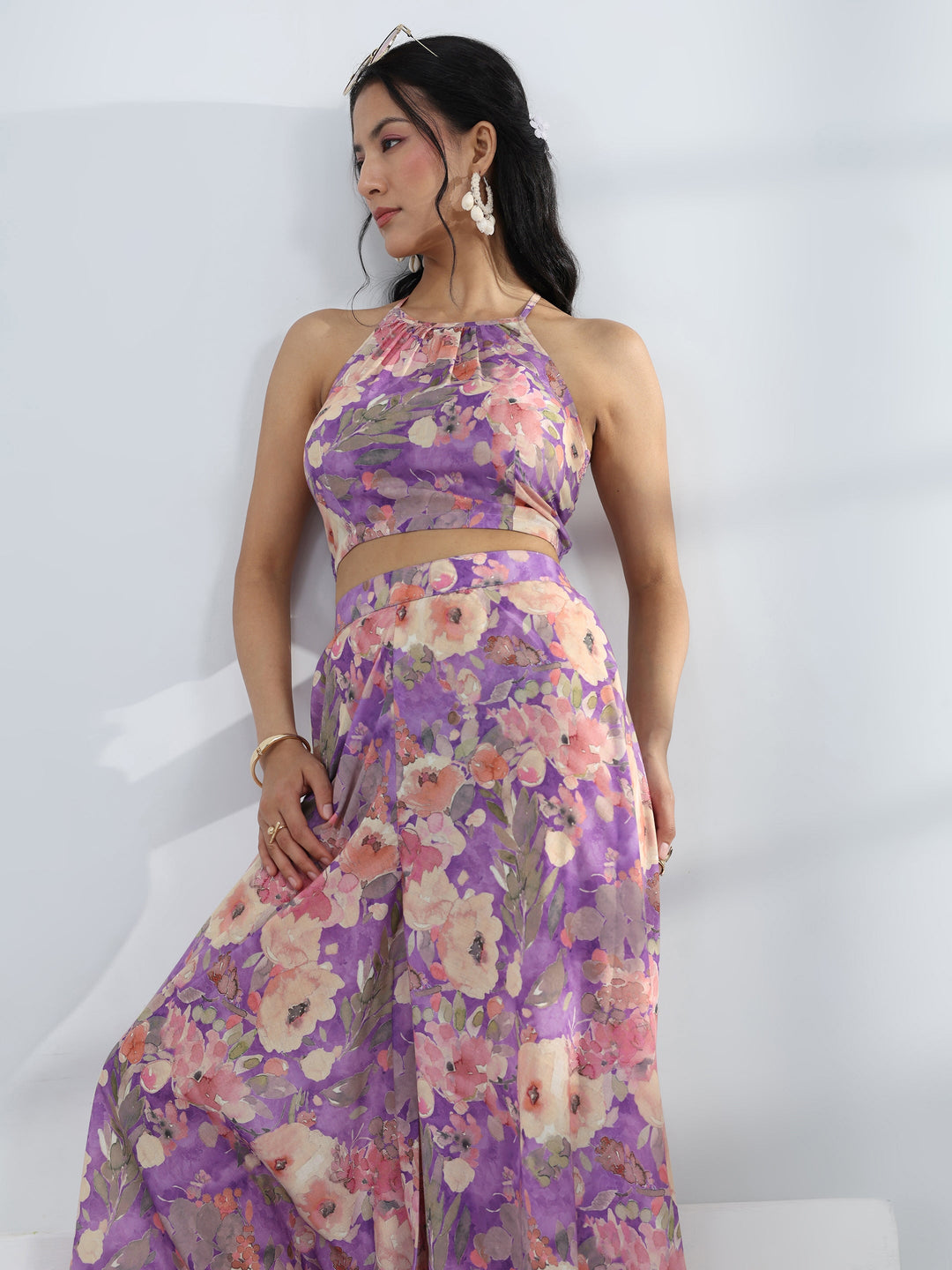 Purple Floral Printed Cotton Blend Co-Ord Set