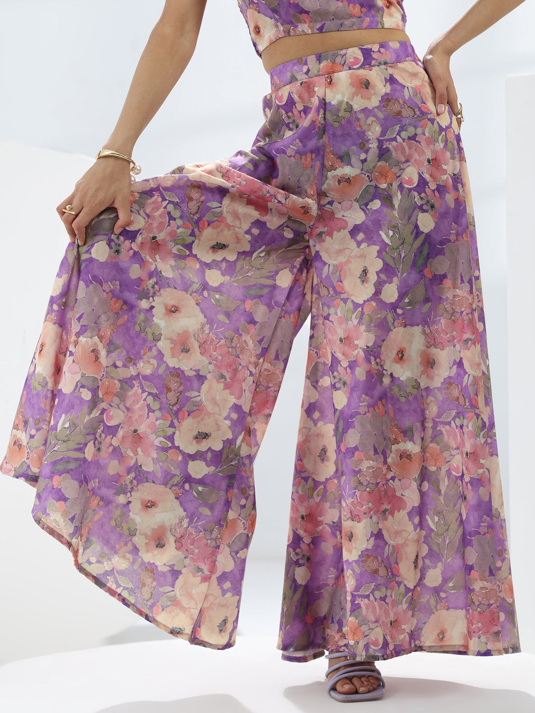 Purple Floral Printed Cotton Blend Co-Ord Set