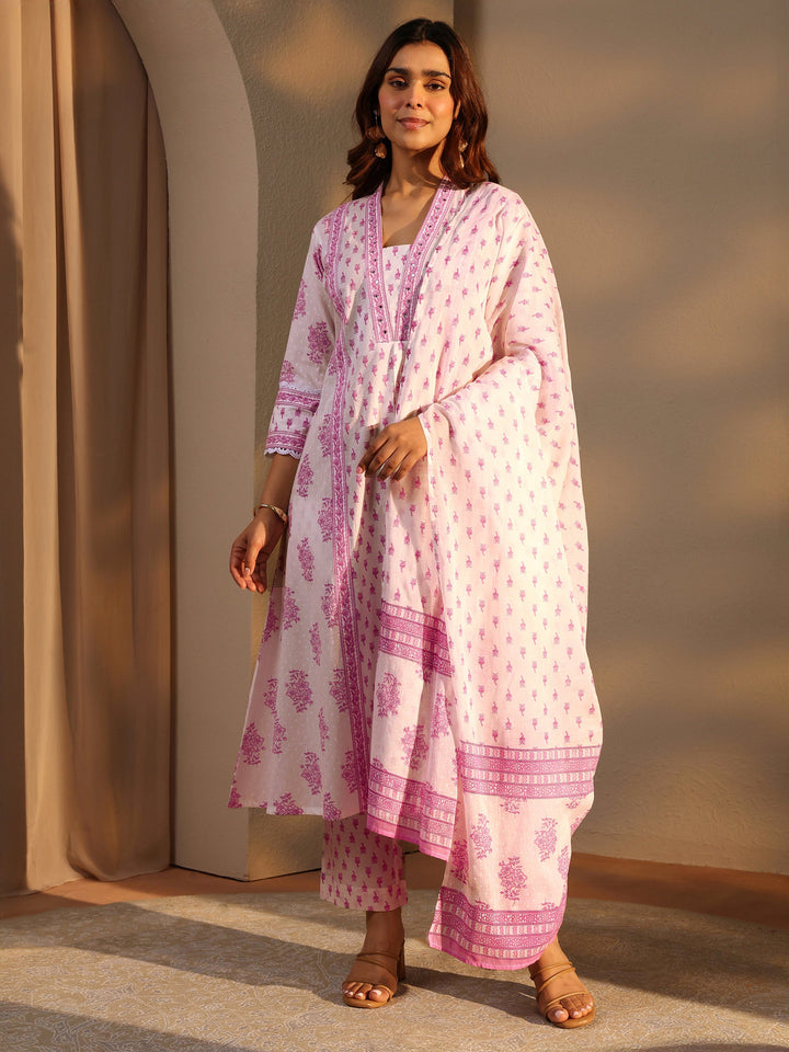White Floral Printed Cotton A-Line Suit Set With Dupatta
