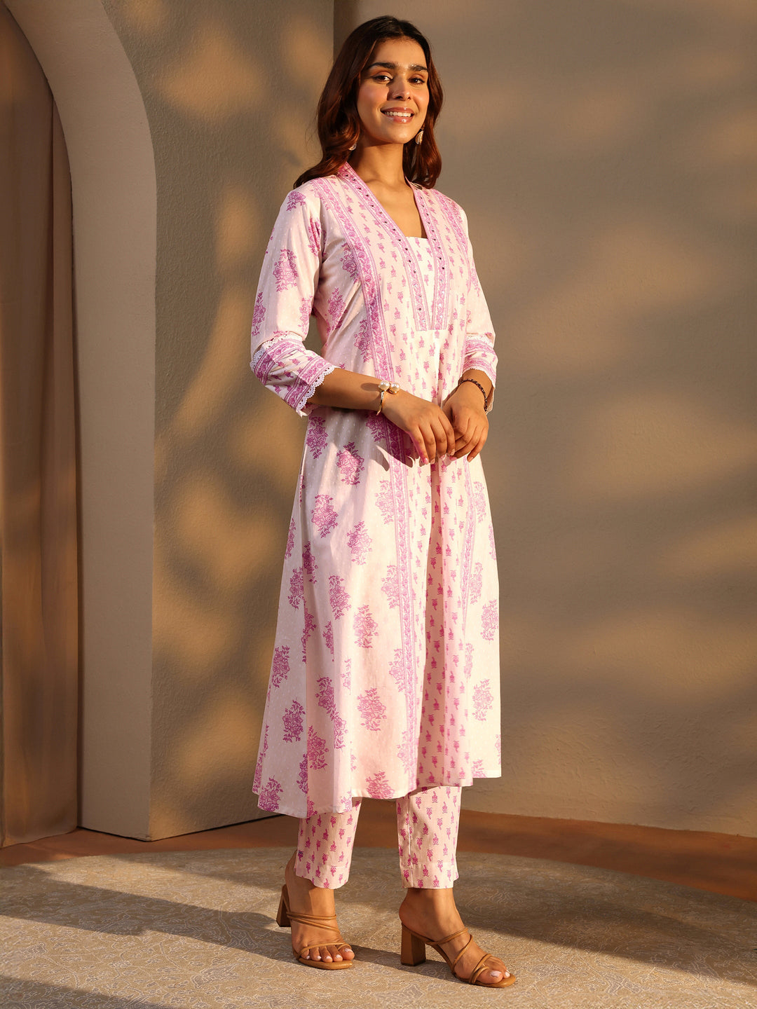 White Floral Printed Cotton A-Line Suit Set With Dupatta