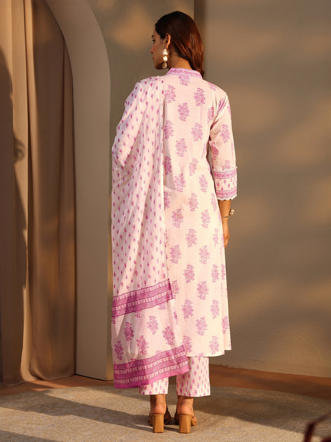 White Floral Printed Cotton A-Line Suit Set With Dupatta