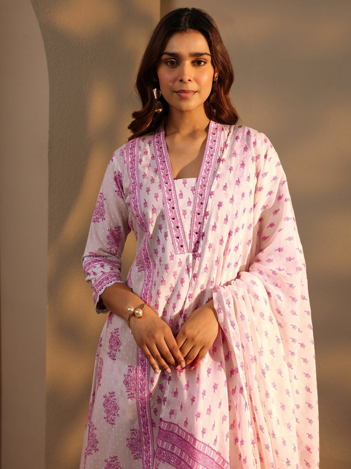 White Floral Printed Cotton A-Line Suit Set With Dupatta