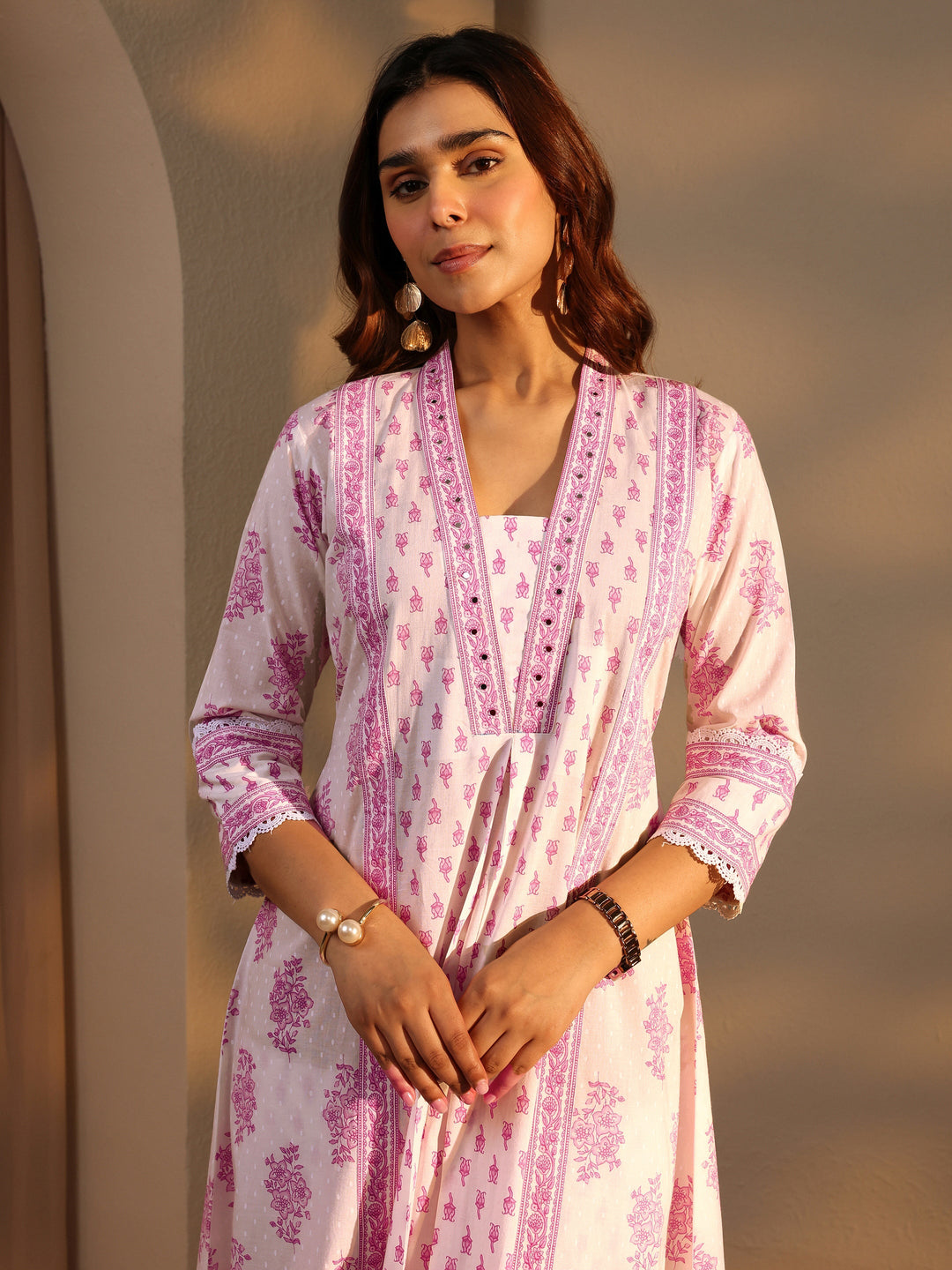 White Floral Printed Cotton A-Line Suit Set With Dupatta