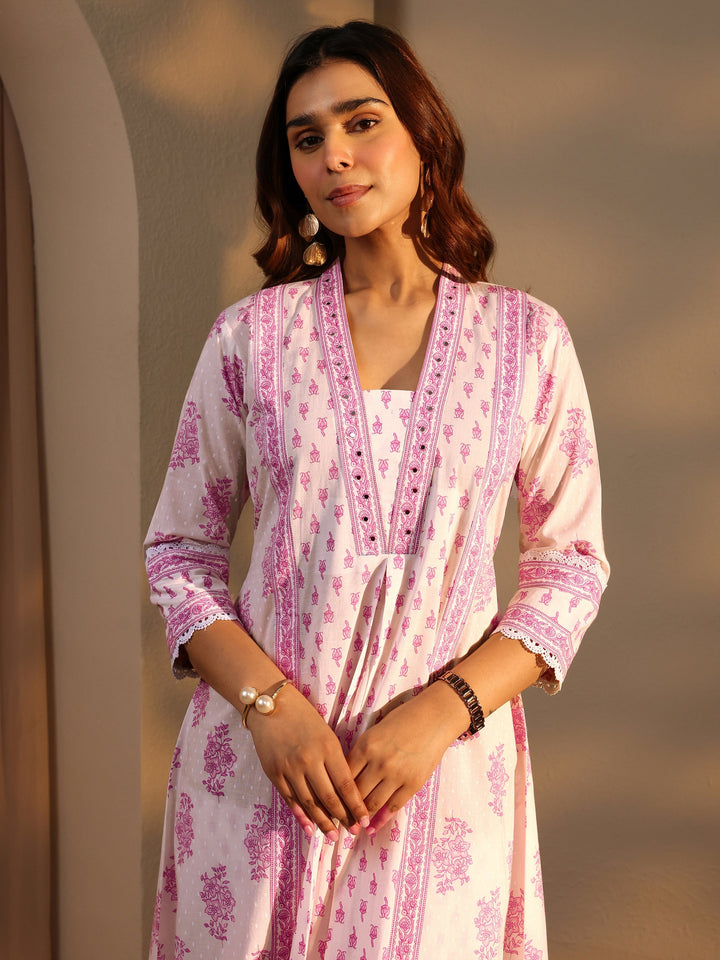 White Floral Printed Cotton A-Line Suit Set With Dupatta