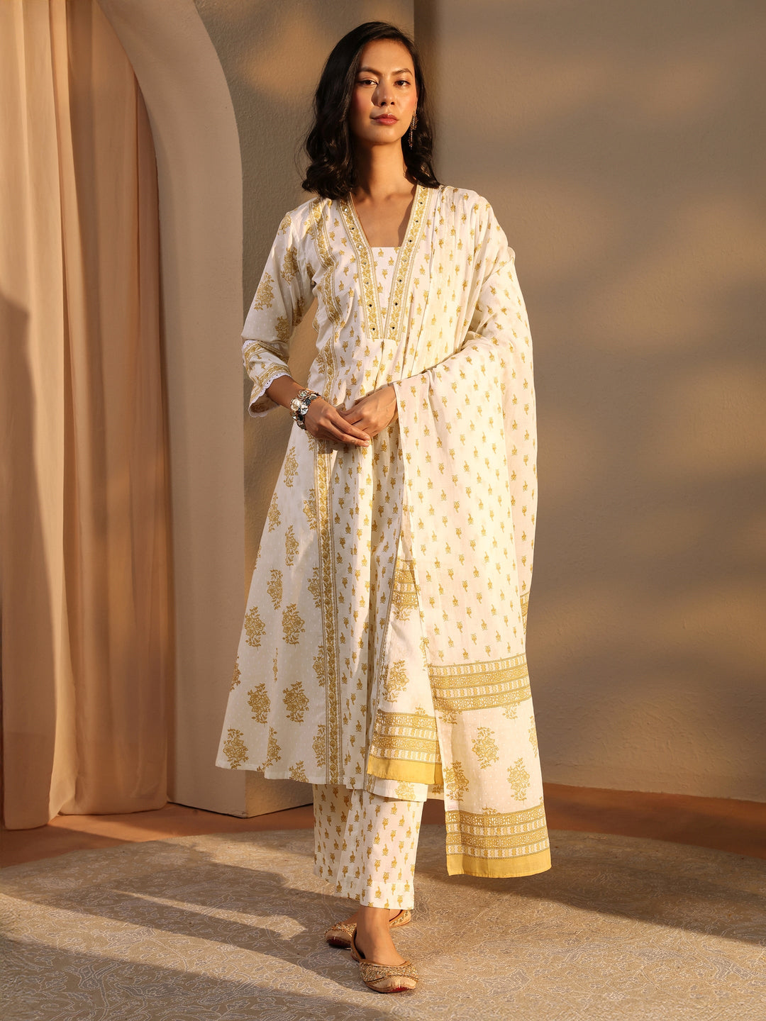 Off White Floral Printed Cotton A-Line Suit Set With Dupatta