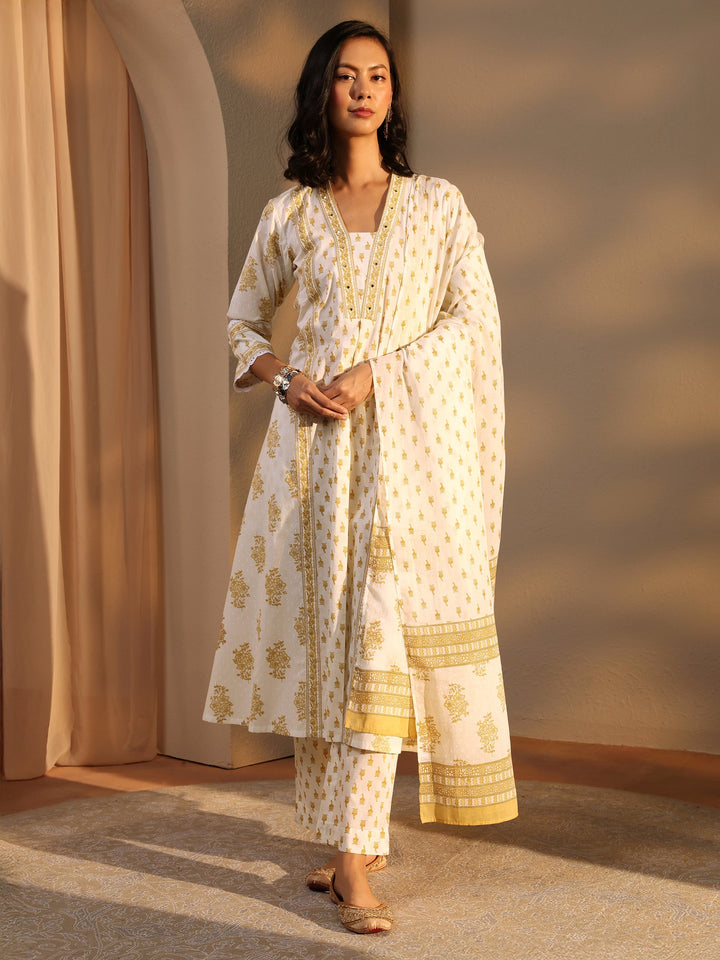 Off White Floral Printed Cotton A-Line Suit Set With Dupatta