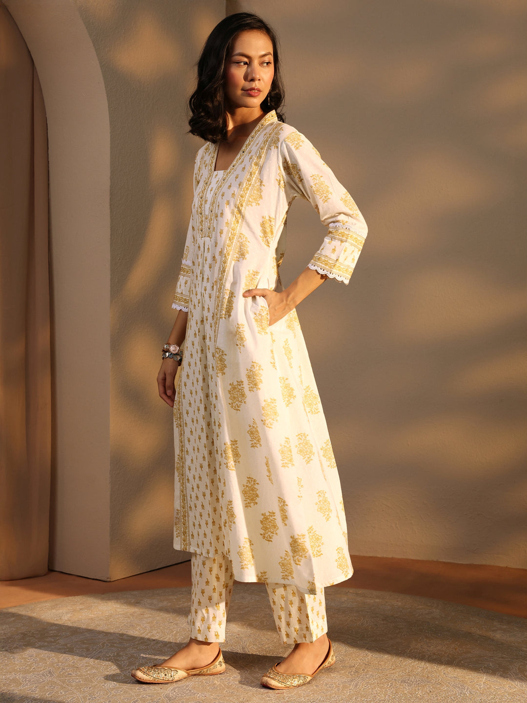 Off White Floral Printed Cotton A-Line Suit Set With Dupatta