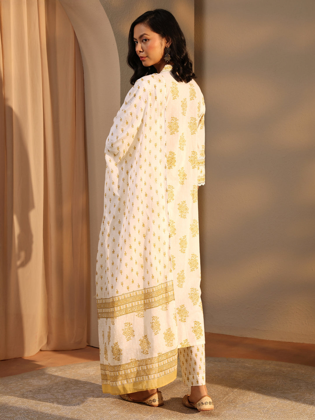 Off White Floral Printed Cotton A-Line Suit Set With Dupatta