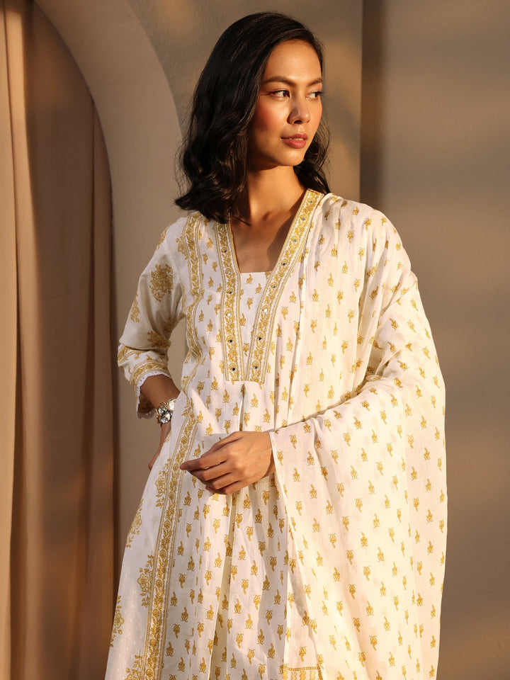 Off White Floral Printed Cotton A-Line Suit Set With Dupatta