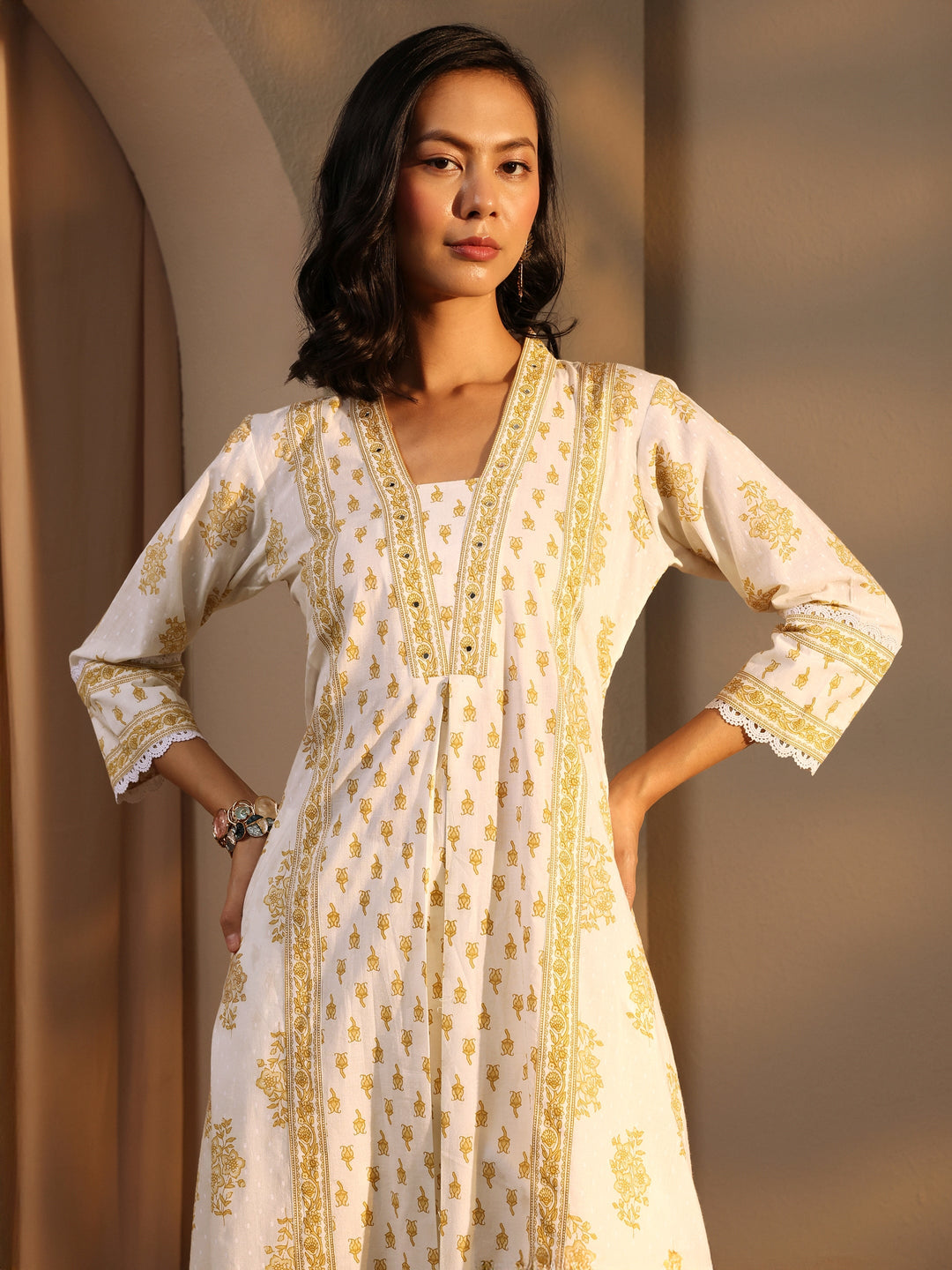 Off White Floral Printed Cotton A-Line Suit Set With Dupatta