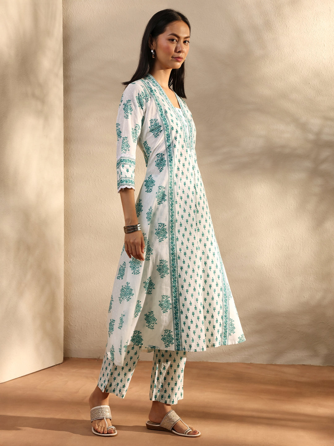 White Floral Printed Cotton A-Line Suit Set With Dupatta