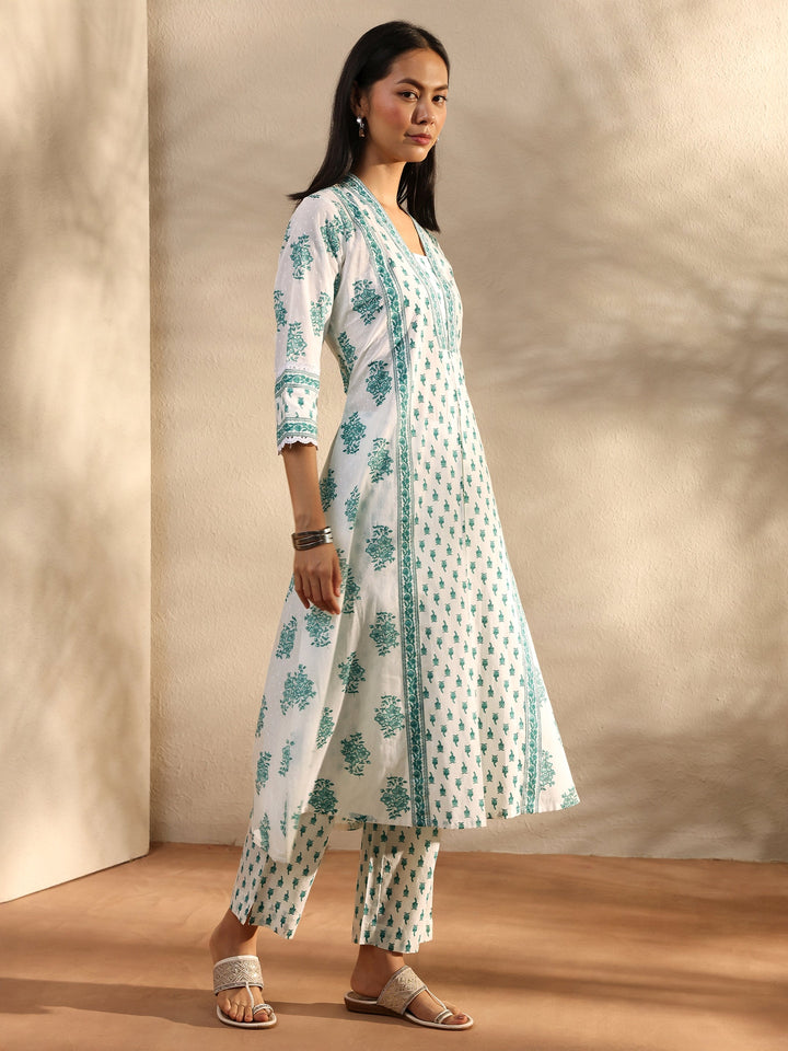 White Floral Printed Cotton A-Line Suit Set With Dupatta