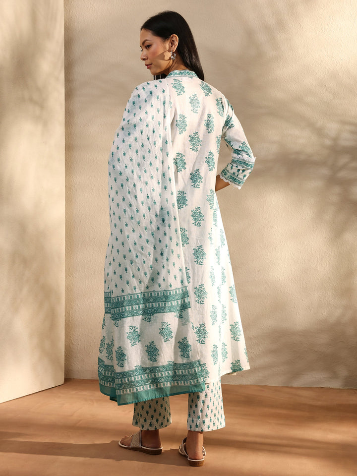 White Floral Printed Cotton A-Line Suit Set With Dupatta