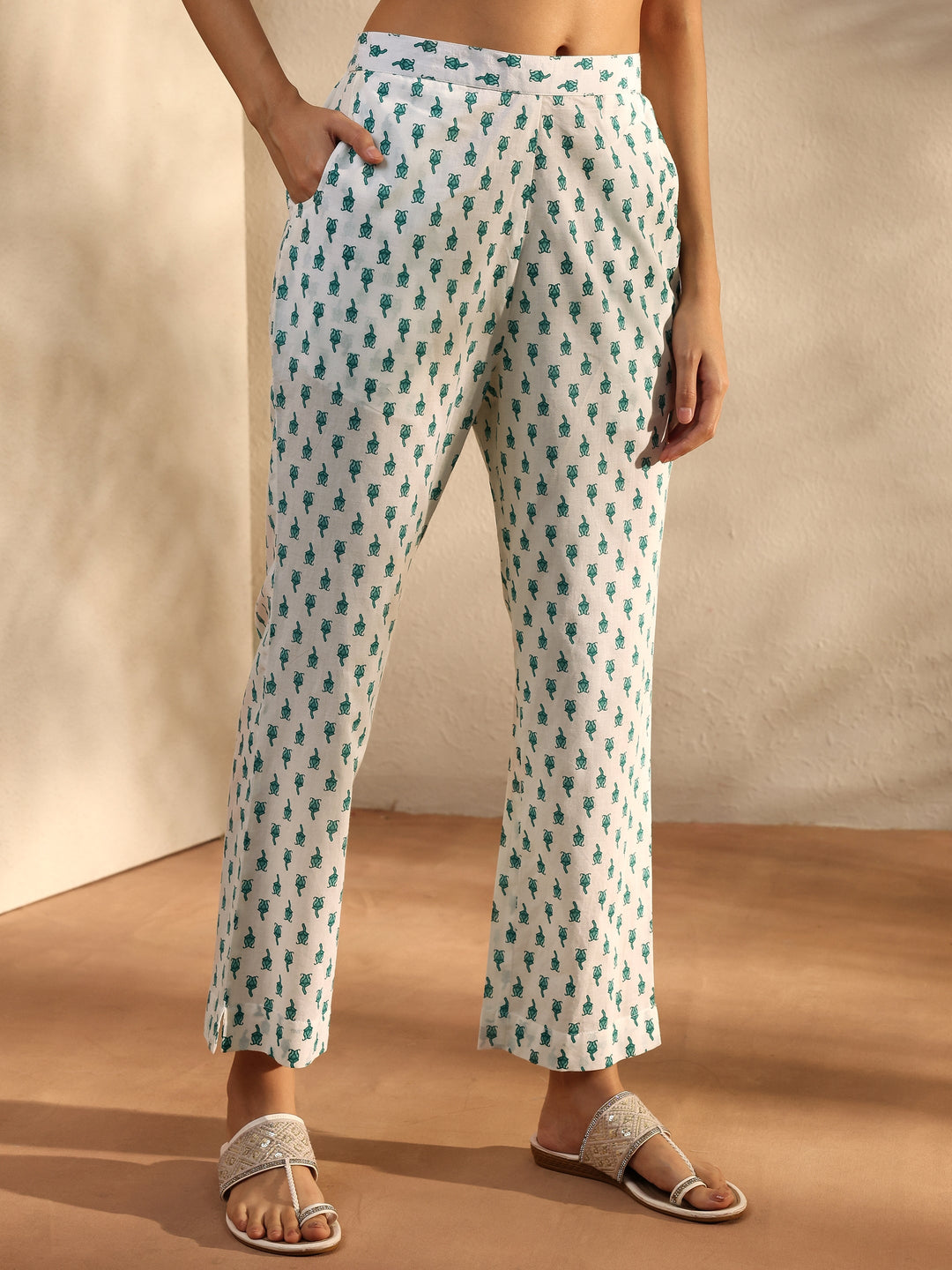 White Floral Printed Cotton A-Line Suit Set With Dupatta
