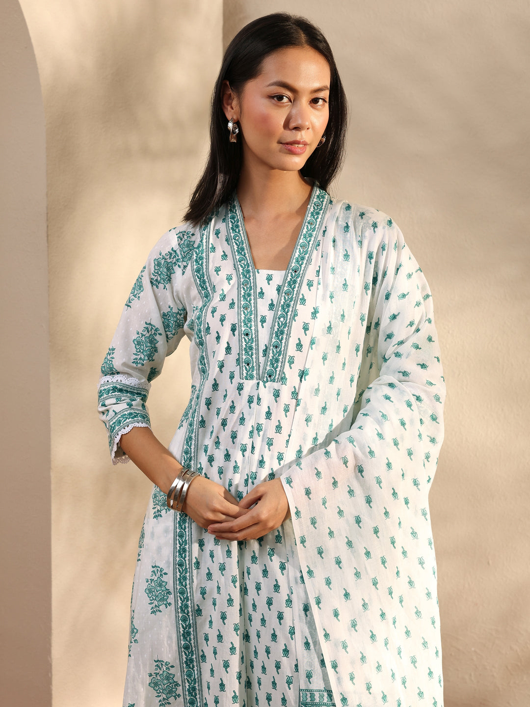 White Floral Printed Cotton A-Line Suit Set With Dupatta