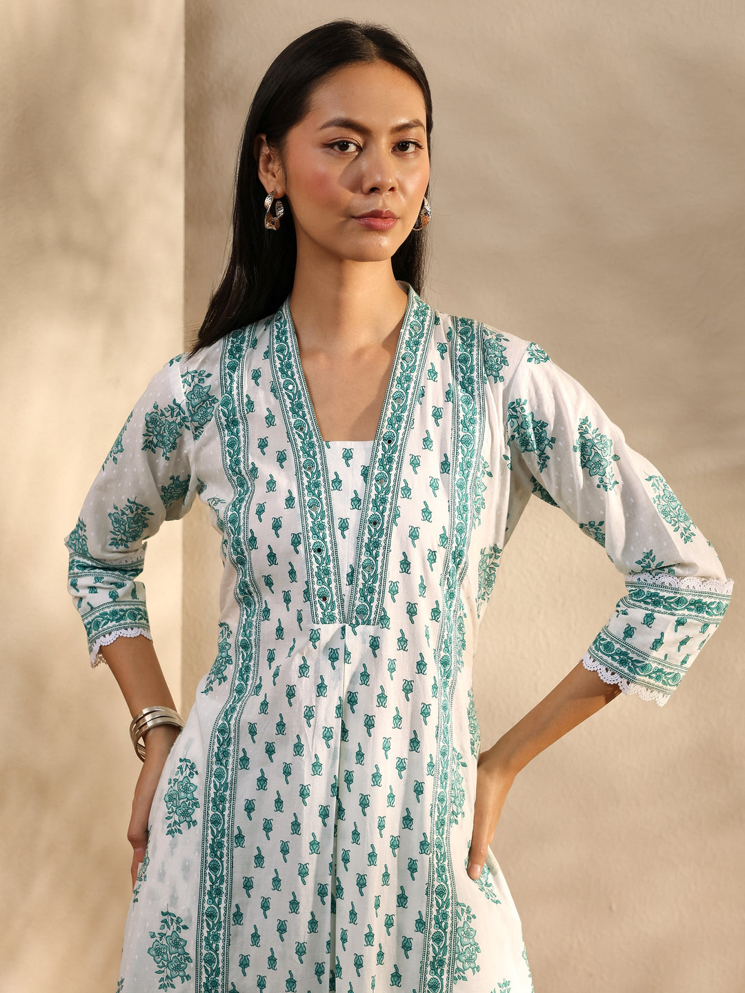 White Floral Printed Cotton A-Line Suit Set With Dupatta