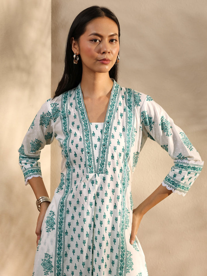 White Floral Printed Cotton A-Line Suit Set With Dupatta