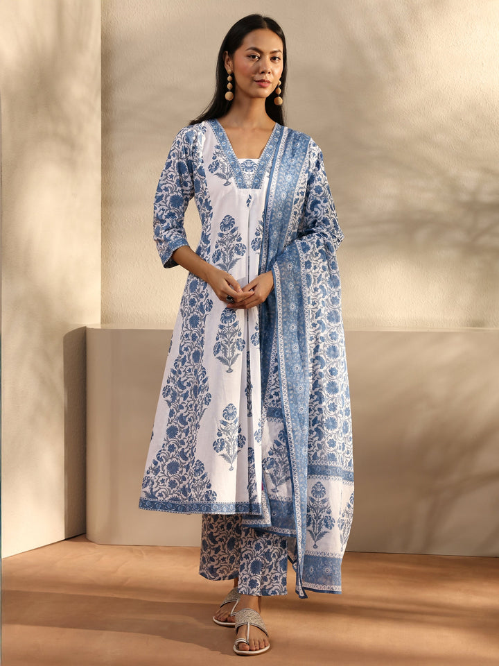 Blue Ethnic Motif Printed Cotton A-Line Suit Set With Dupatta