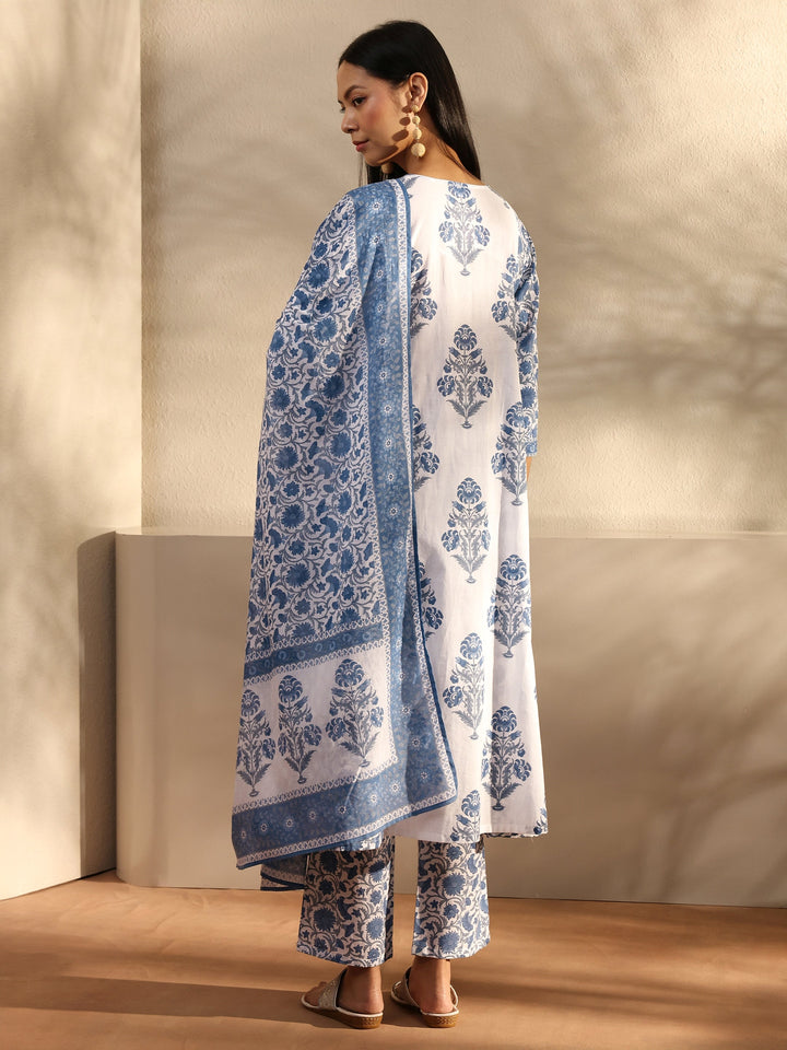 Blue Ethnic Motif Printed Cotton A-Line Suit Set With Dupatta