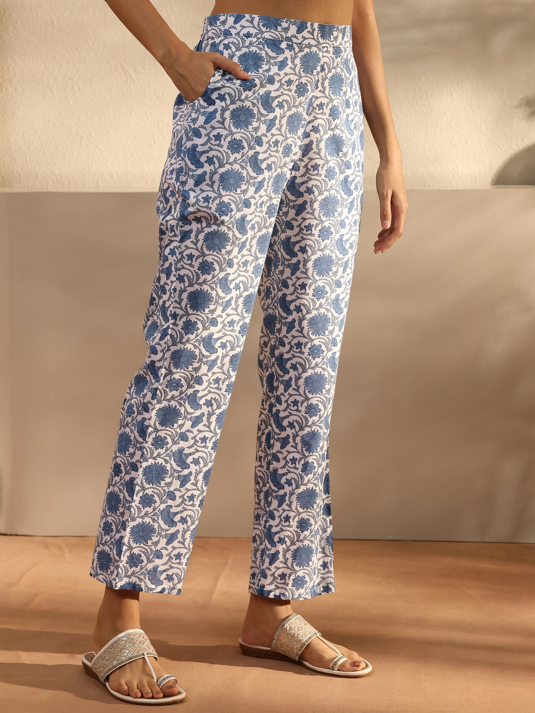 Blue Ethnic Motif Printed Cotton A-Line Suit Set With Dupatta
