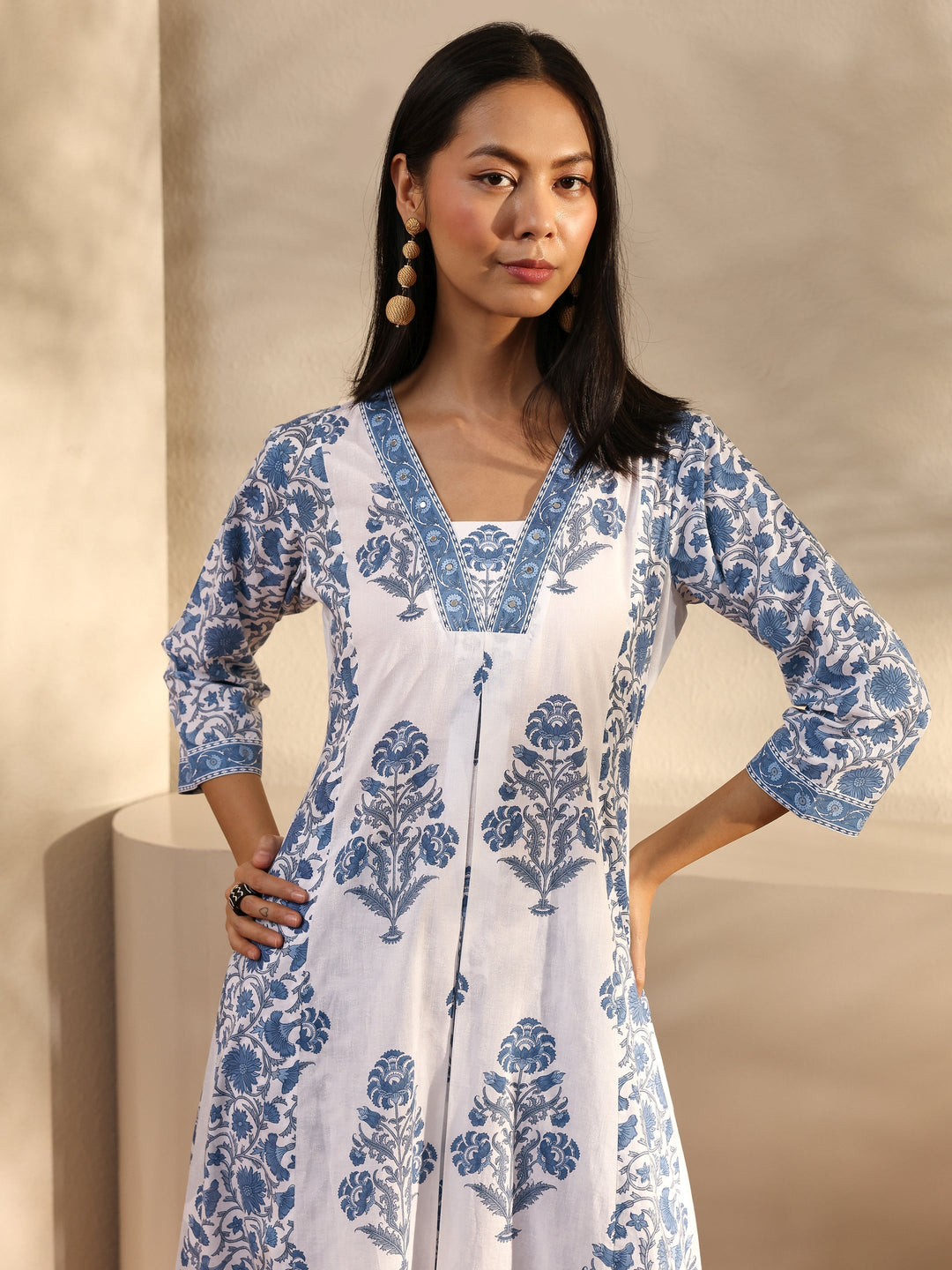 Blue Ethnic Motif Printed Cotton A-Line Suit Set With Dupatta