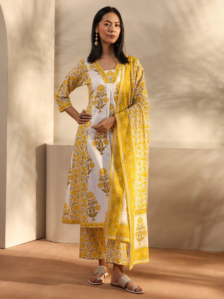 Yellow Ethnic Motif Printed Cotton A-Line Suit Set With Dupatta