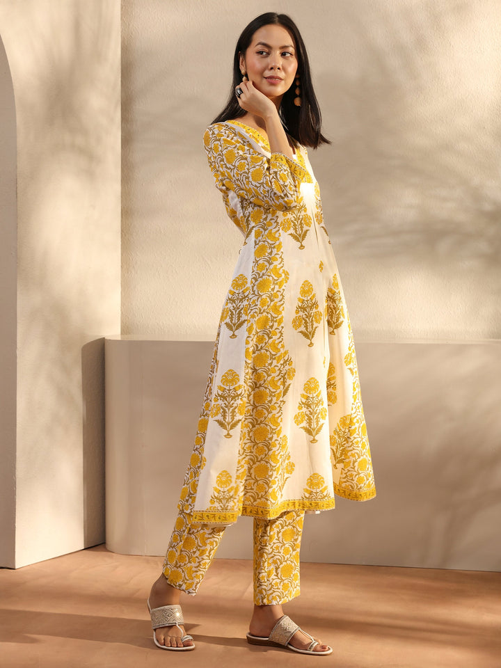 Yellow Ethnic Motif Printed Cotton A-Line Suit Set With Dupatta