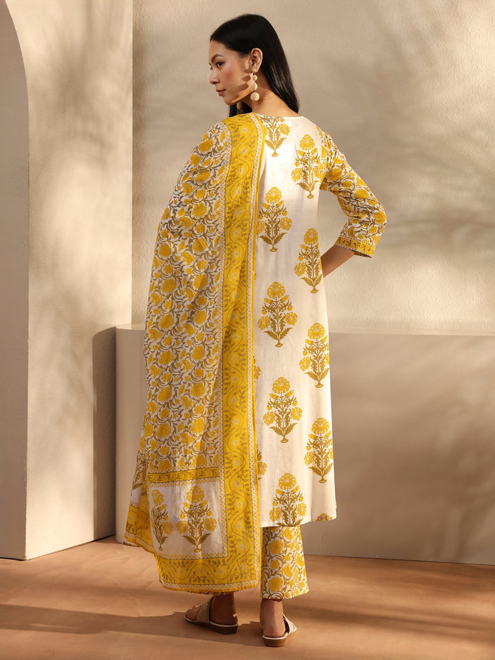 Yellow Ethnic Motif Printed Cotton A-Line Suit Set With Dupatta