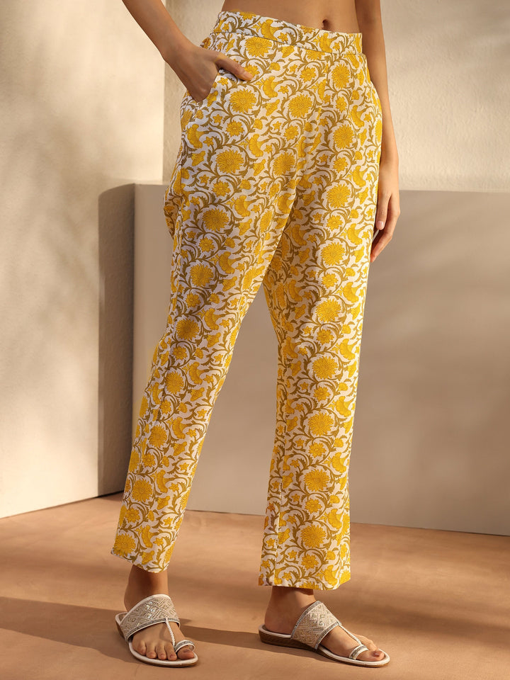 Yellow Ethnic Motif Printed Cotton A-Line Suit Set With Dupatta