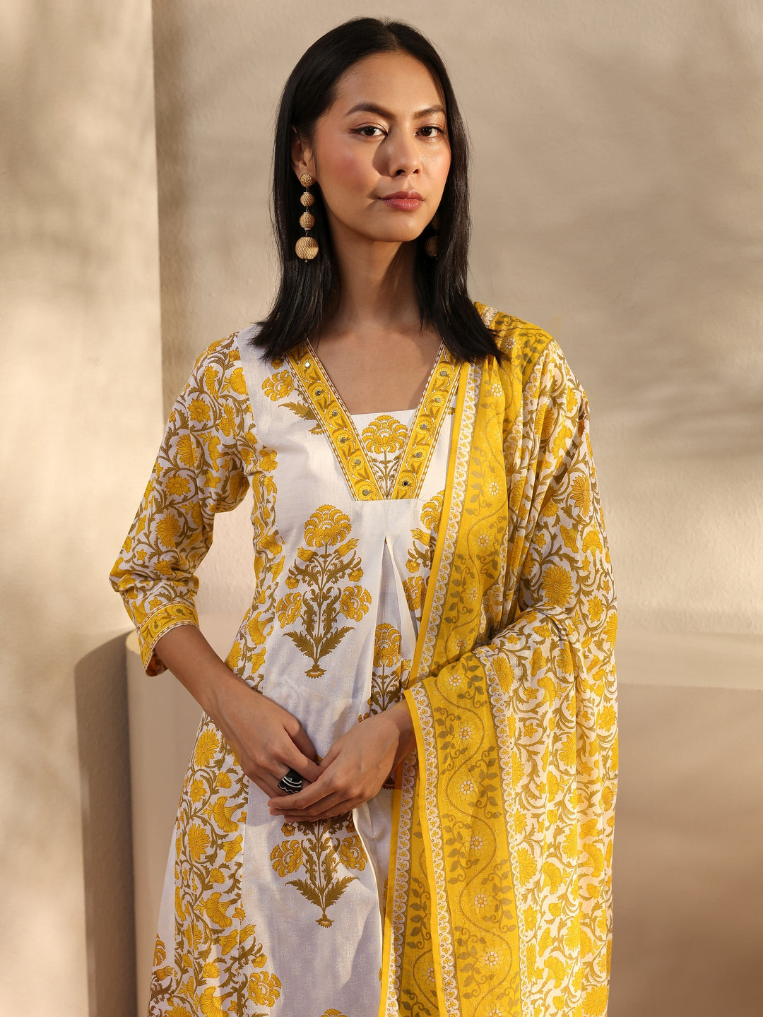 Yellow Ethnic Motif Printed Cotton A-Line Suit Set With Dupatta