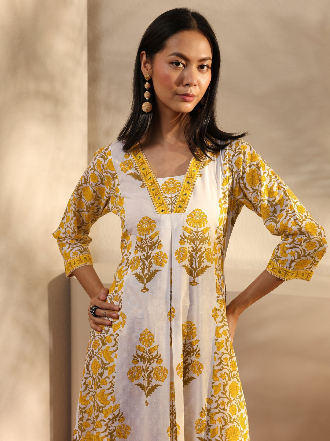 Yellow Ethnic Motif Printed Cotton A-Line Suit Set With Dupatta