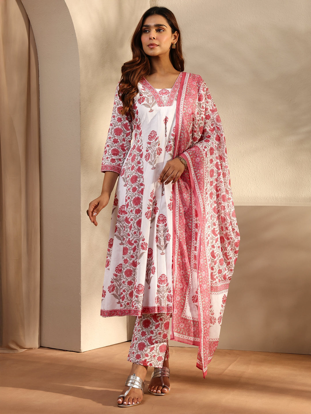 Pink Floral Printed Cotton A-Line Suit Set With Dupatta