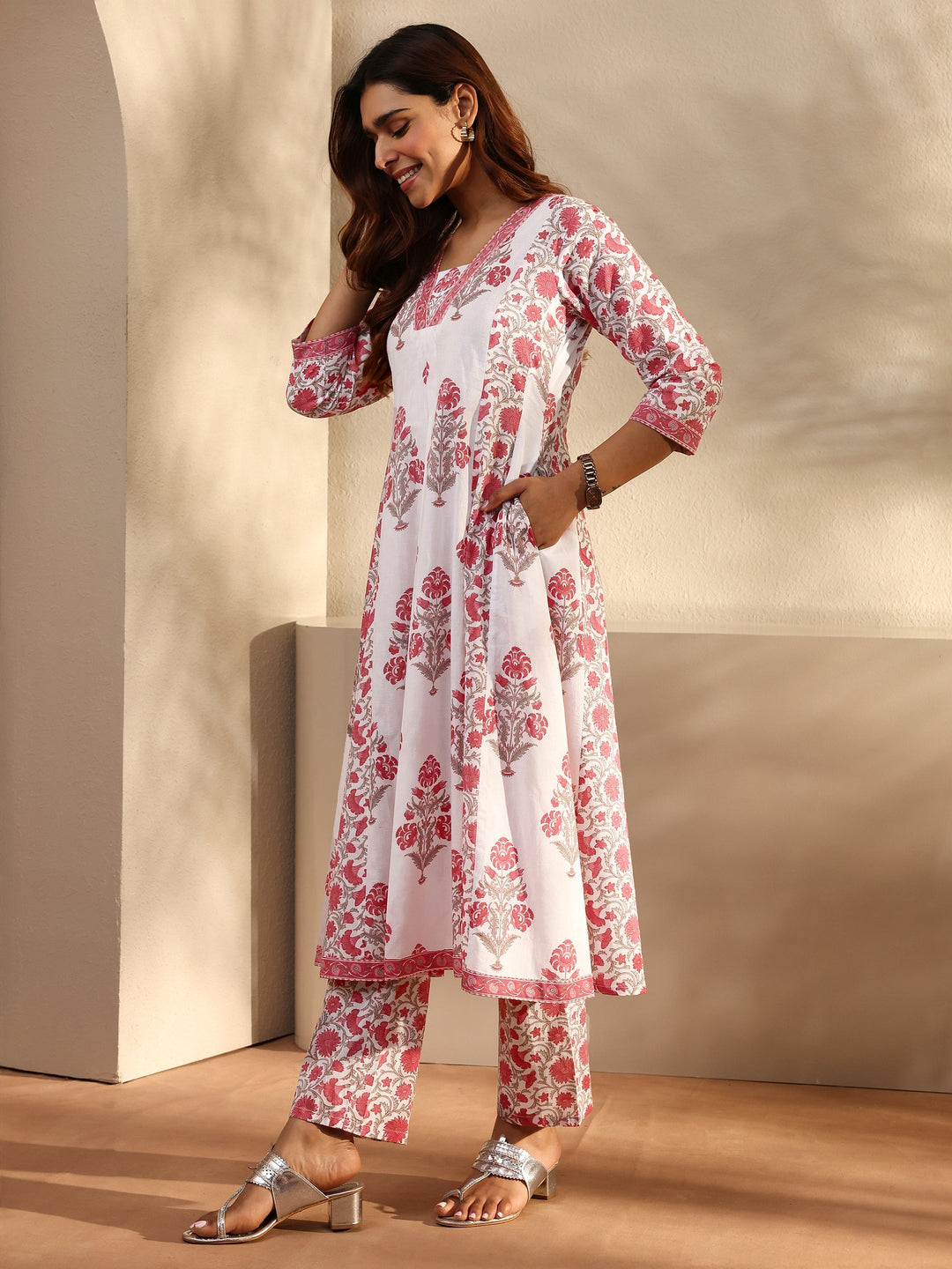 Pink Floral Printed Cotton A-Line Suit Set With Dupatta