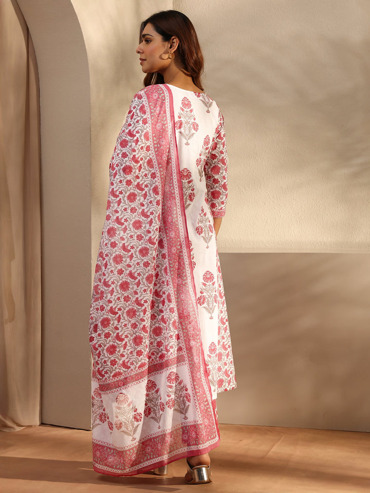 Pink Floral Printed Cotton A-Line Suit Set With Dupatta