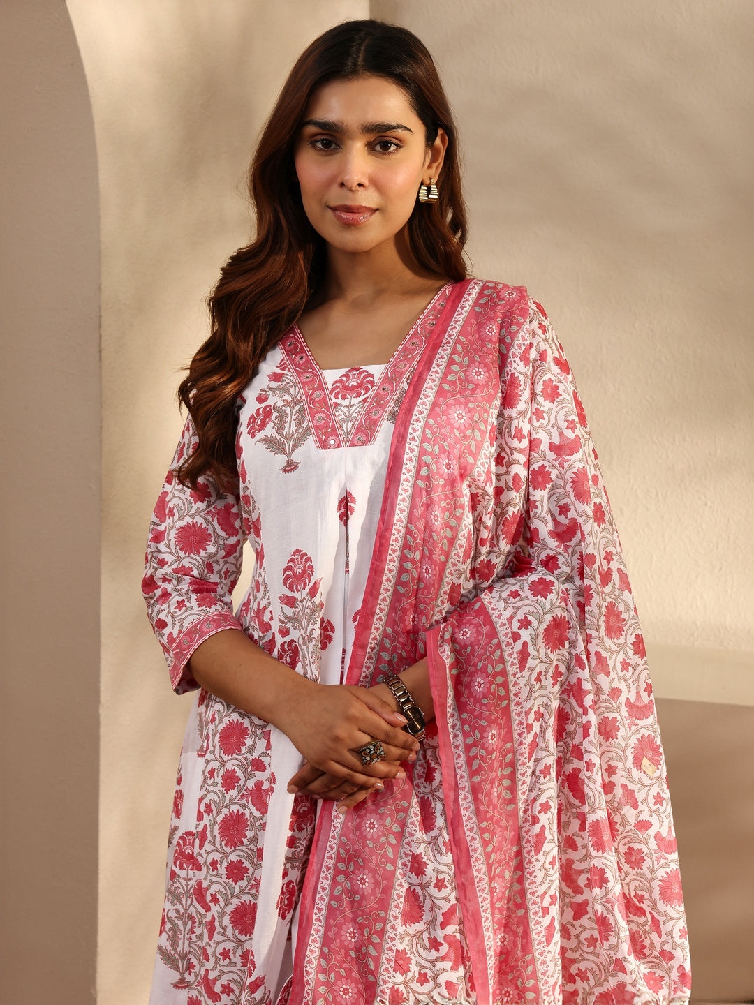Pink Floral Printed Cotton A-Line Suit Set With Dupatta