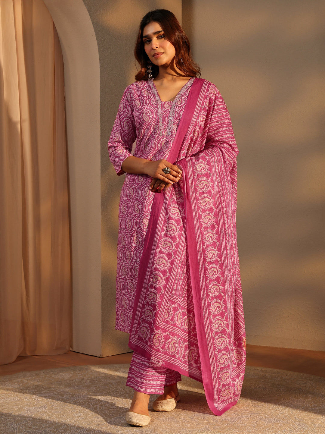 Pink Paisley Printed Cotton Straight Suit Set With Dupatta