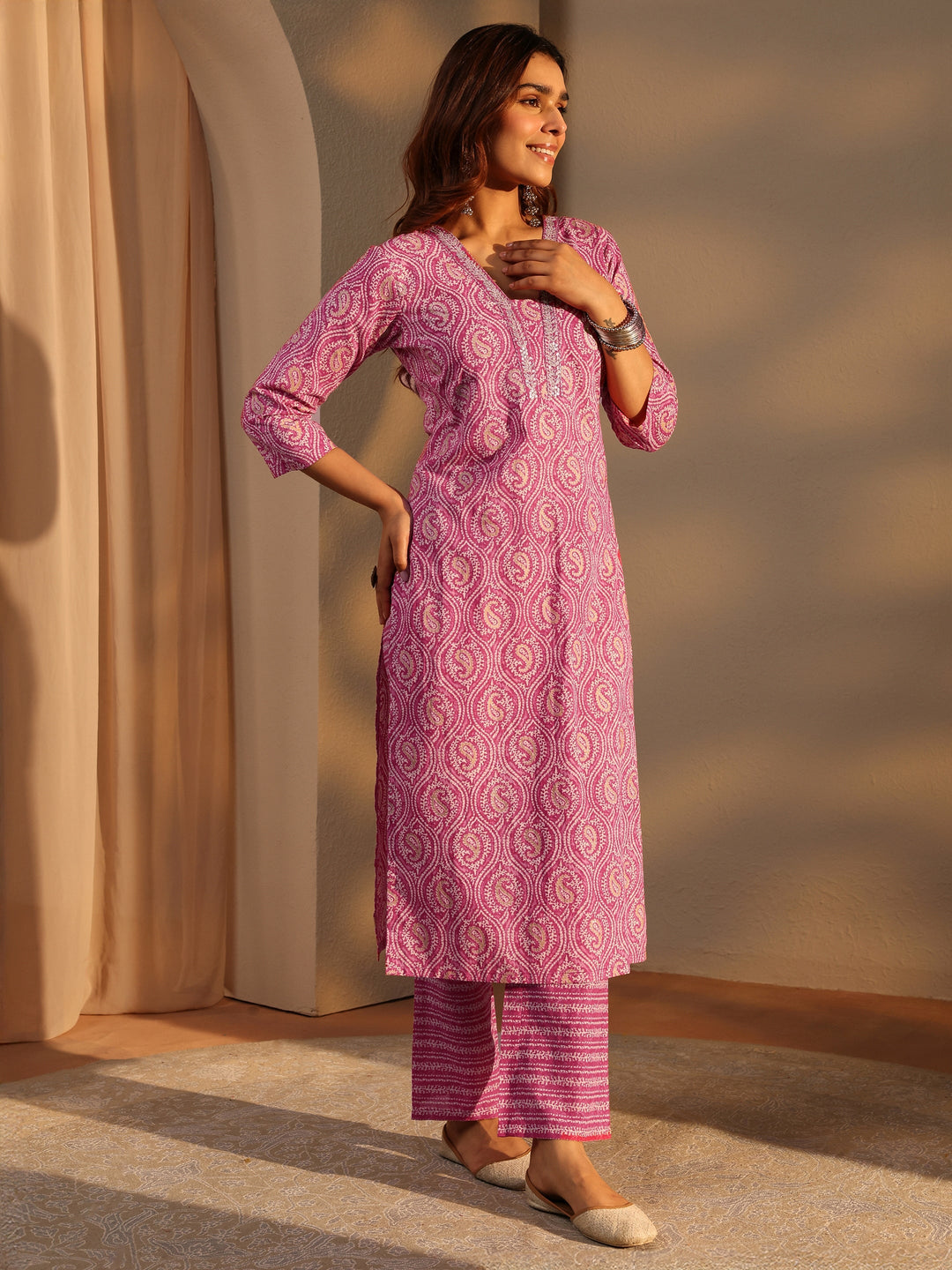 Pink Paisley Printed Cotton Straight Suit Set With Dupatta