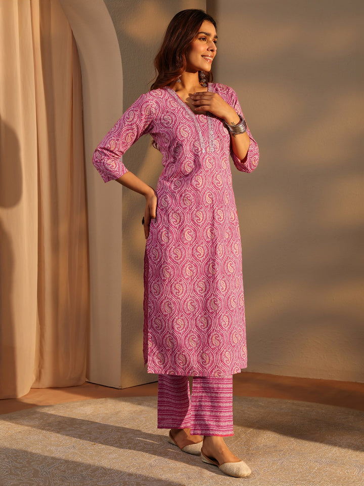 Pink Paisley Printed Cotton Straight Suit Set With Dupatta