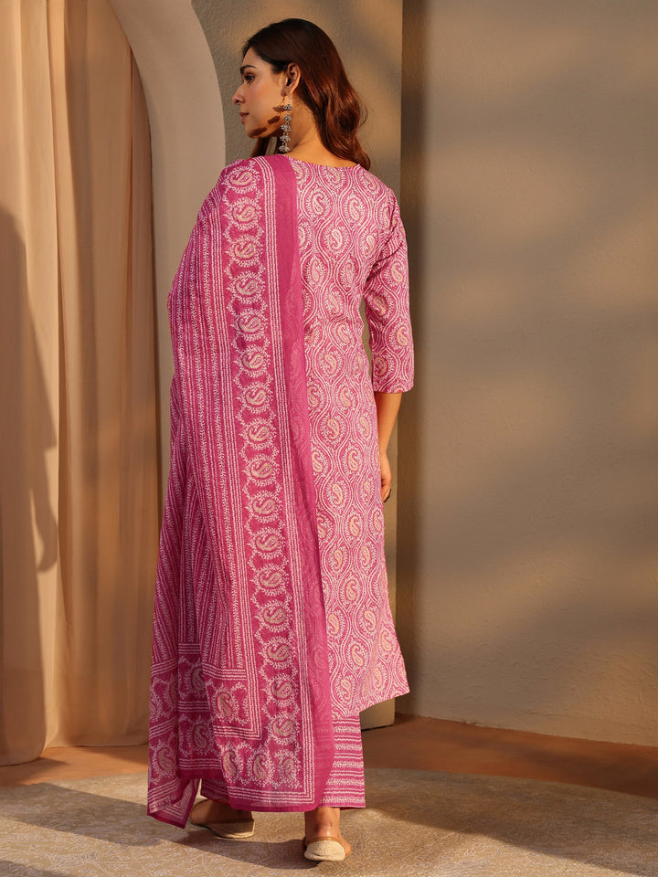 Pink Paisley Printed Cotton Straight Suit Set With Dupatta
