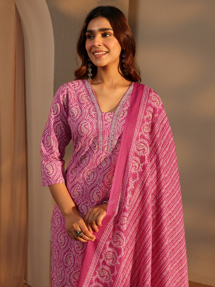 Pink Paisley Printed Cotton Straight Suit Set With Dupatta