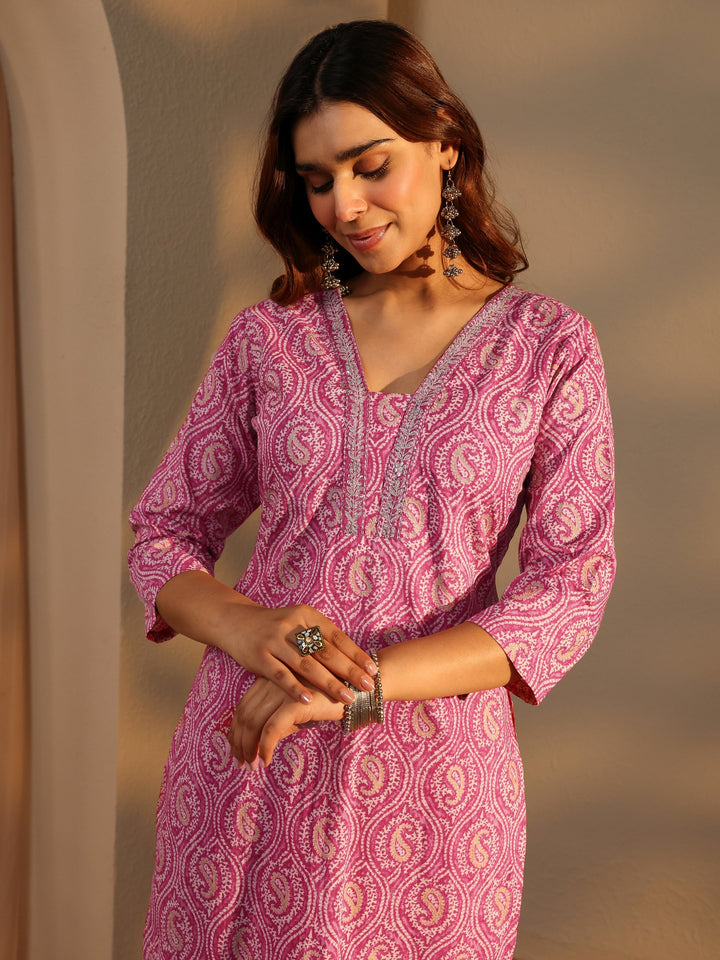 Pink Paisley Printed Cotton Straight Suit Set With Dupatta