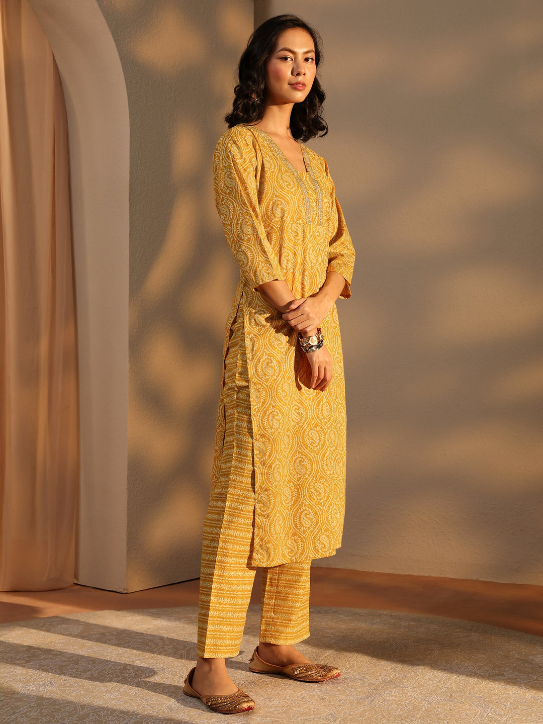 Yellow Paisley Printed Cotton Straight Suit Set With Dupatta