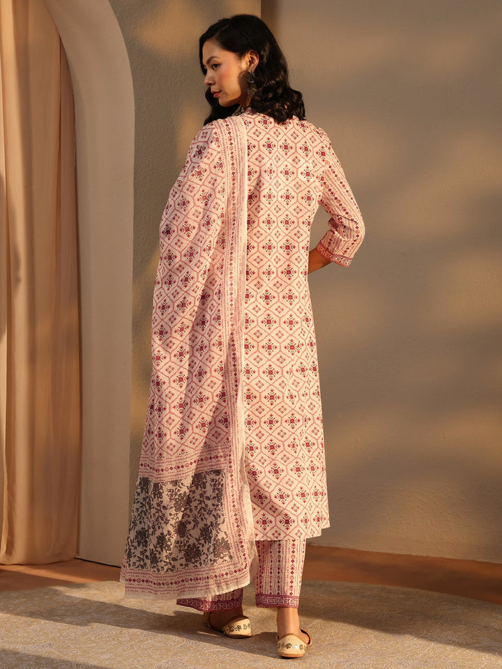 Ivory Ethnic Motif Printed Cotton A-Line Suit Set With Dupatta