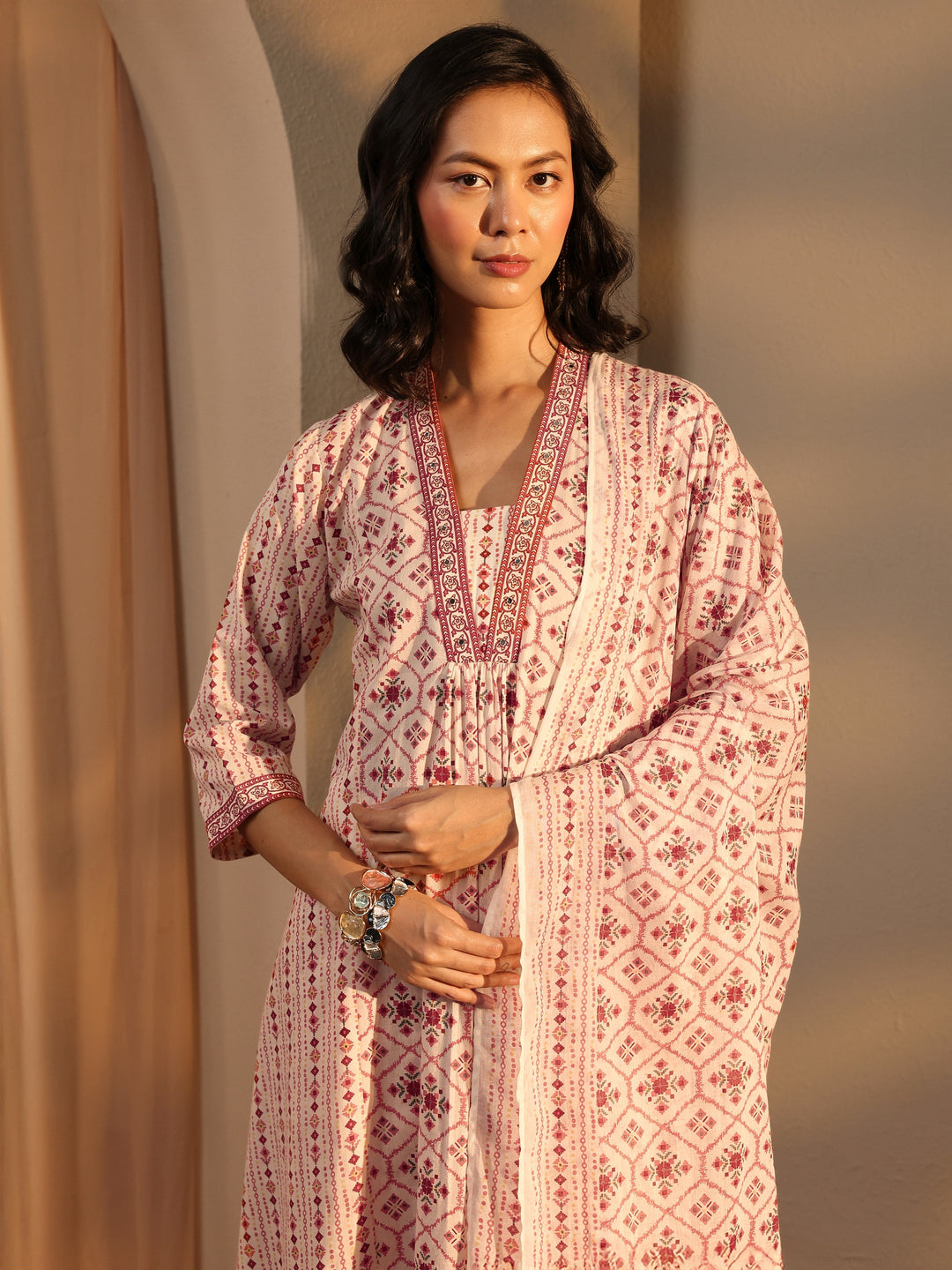 Ivory Ethnic Motif Printed Cotton A-Line Suit Set With Dupatta