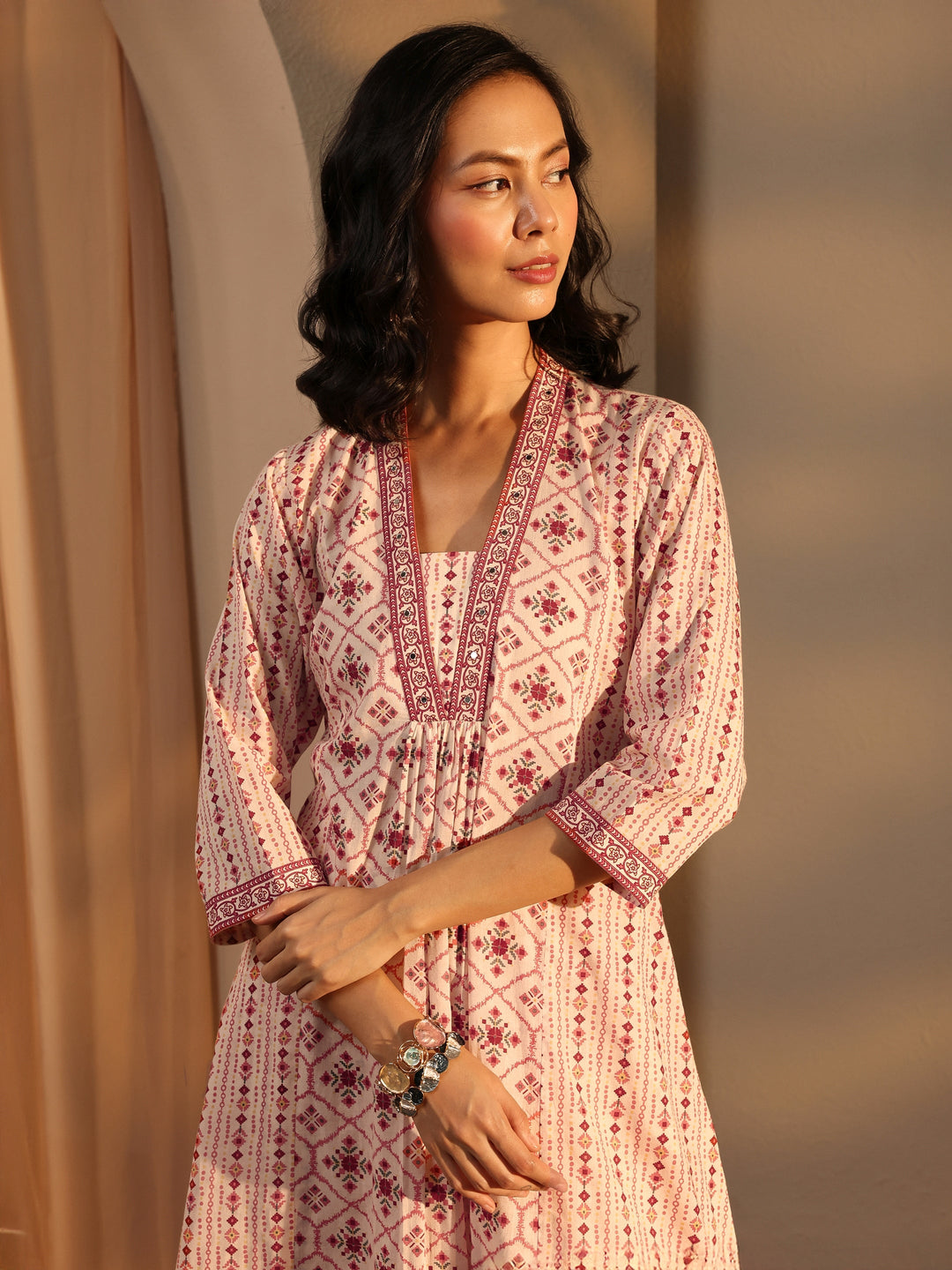 Ivory Ethnic Motif Printed Cotton A-Line Suit Set With Dupatta
