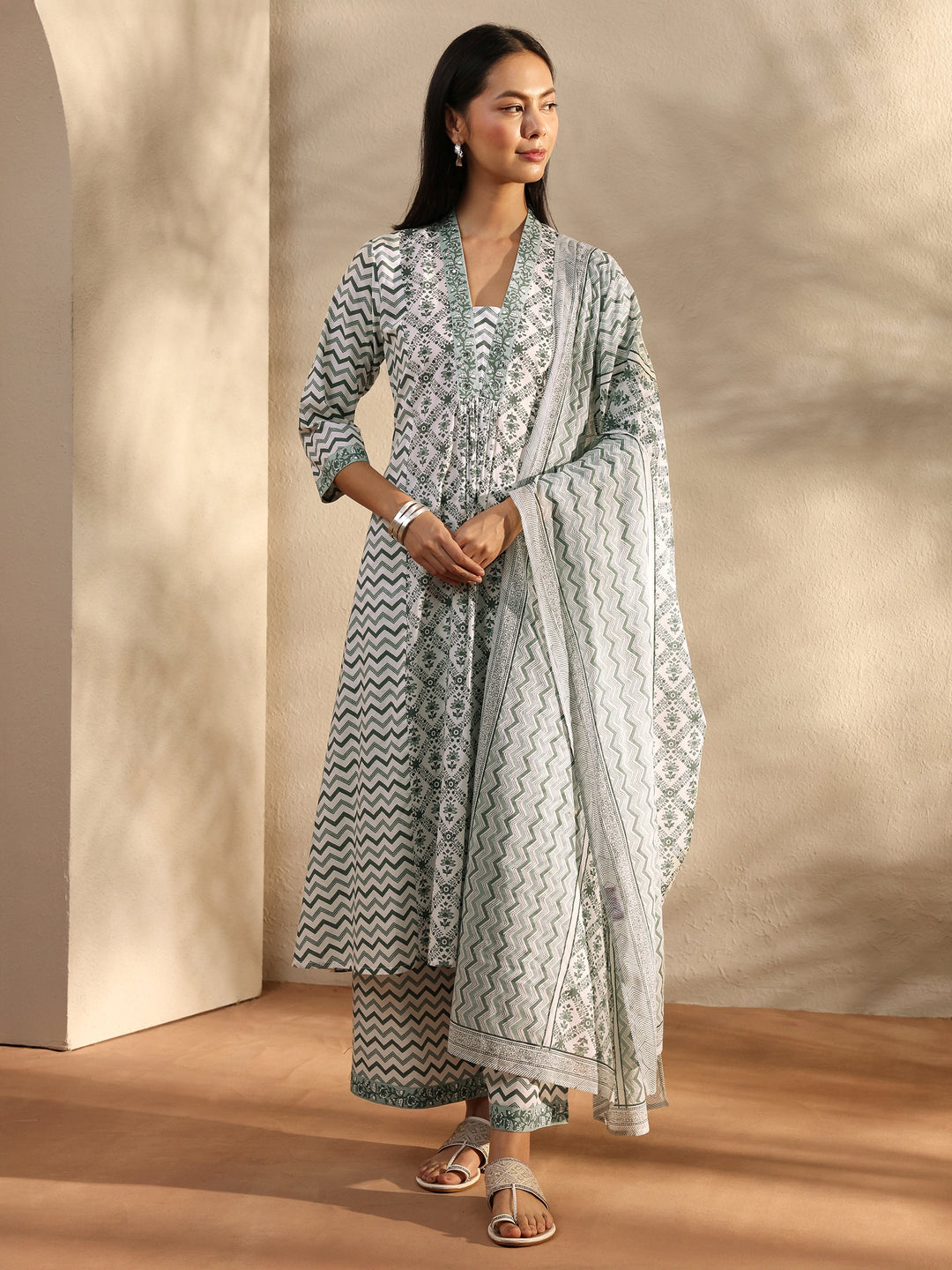 White Chevron Printed Cotton A-Line Suit Set With Dupatta