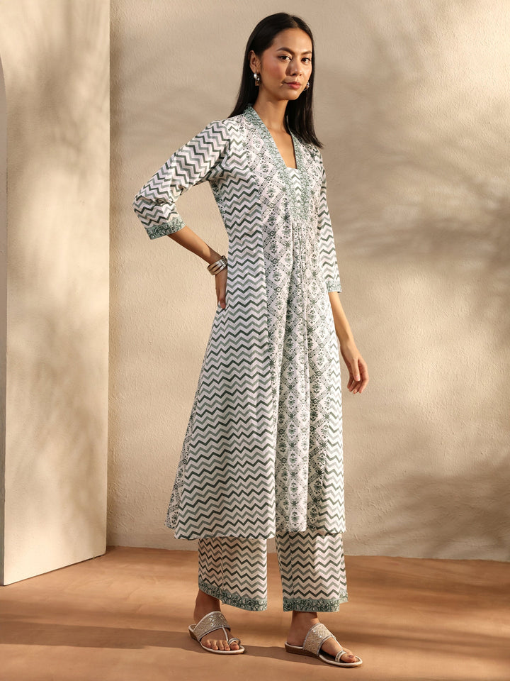 White Chevron Printed Cotton A-Line Suit Set With Dupatta
