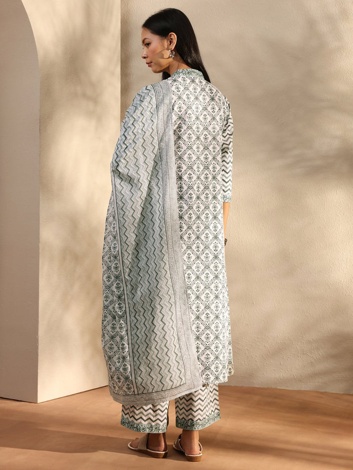 White Chevron Printed Cotton A-Line Suit Set With Dupatta