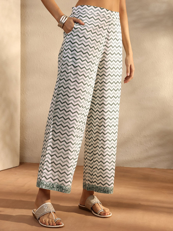 White Chevron Printed Cotton A-Line Suit Set With Dupatta